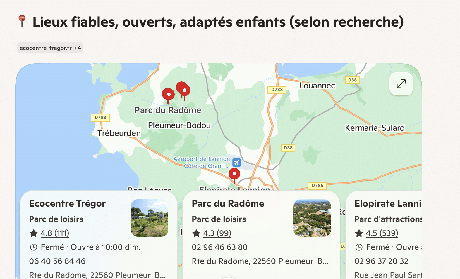 Réponse d'une IA à une question sur des vacances en Trégor avec des enfants